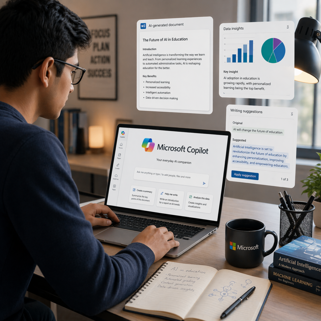 Microsoft Copilot AI assistant helping students with real-time answers, document writing and academic research