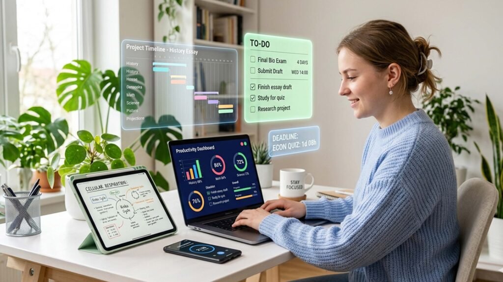 AI tools for student productivity student using laptop AI learning system organized study setup