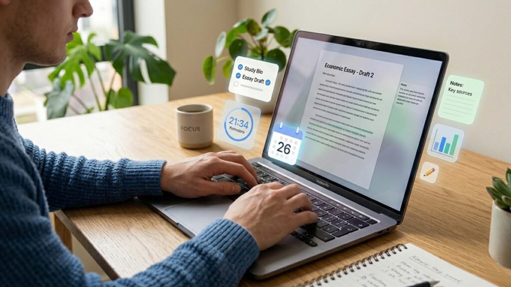 AI tools for student productivity study desk laptop organized learning setup