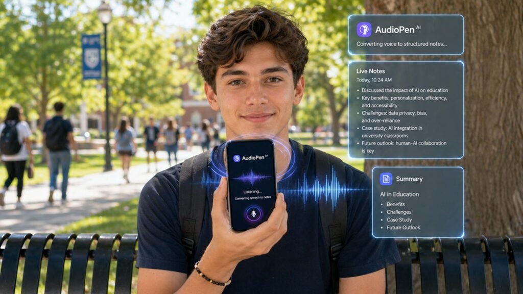 AudioPen AI student front view outdoor voice notes smart campus setup