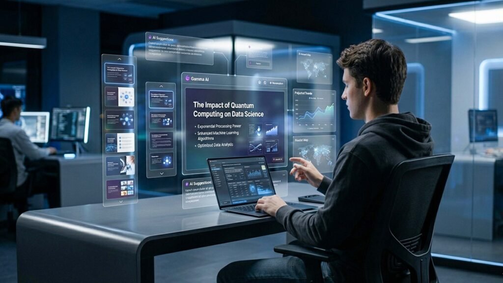 Gamma AI student front view office presentation smart laptop slides setup