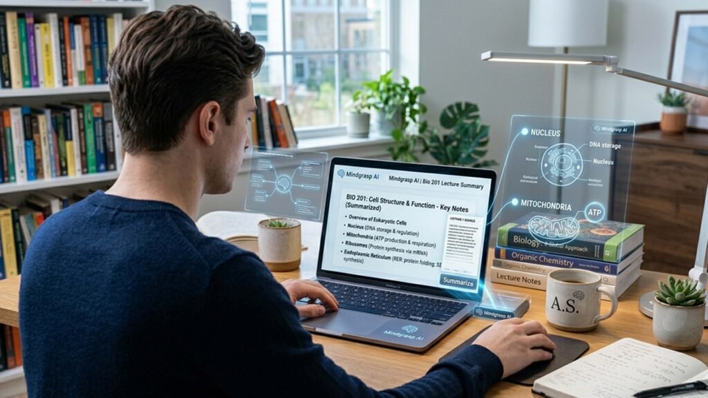Student using Mindgrasp AI tool on a laptop for automated lecture summaries and interactive studying.