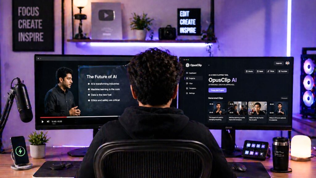 Opus Clip AI student front view video editing smart studio setup clips