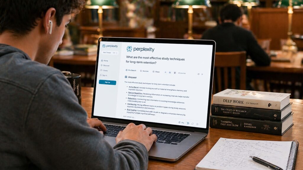 Perplexity AI student library front view smart research laptop study setup