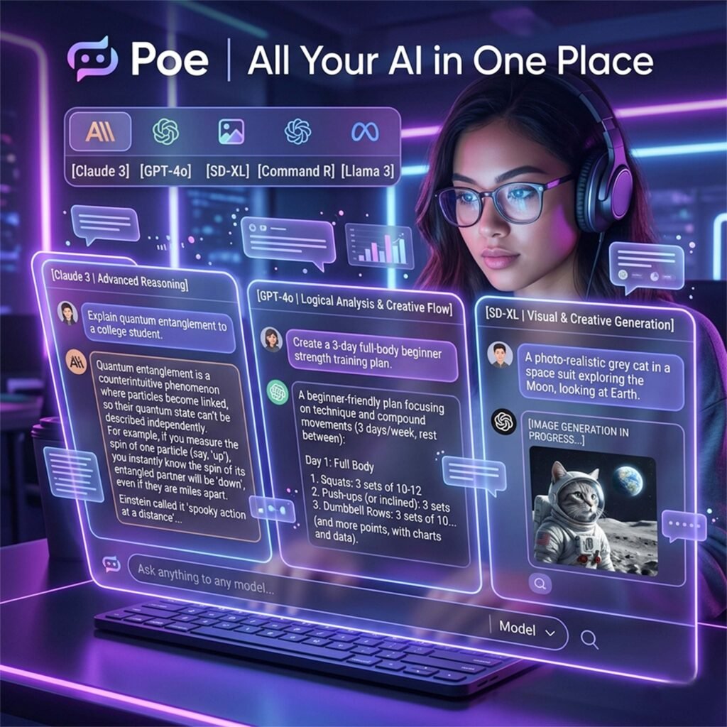 Poe AI platform for students accessing multiple AI chatbots for study help