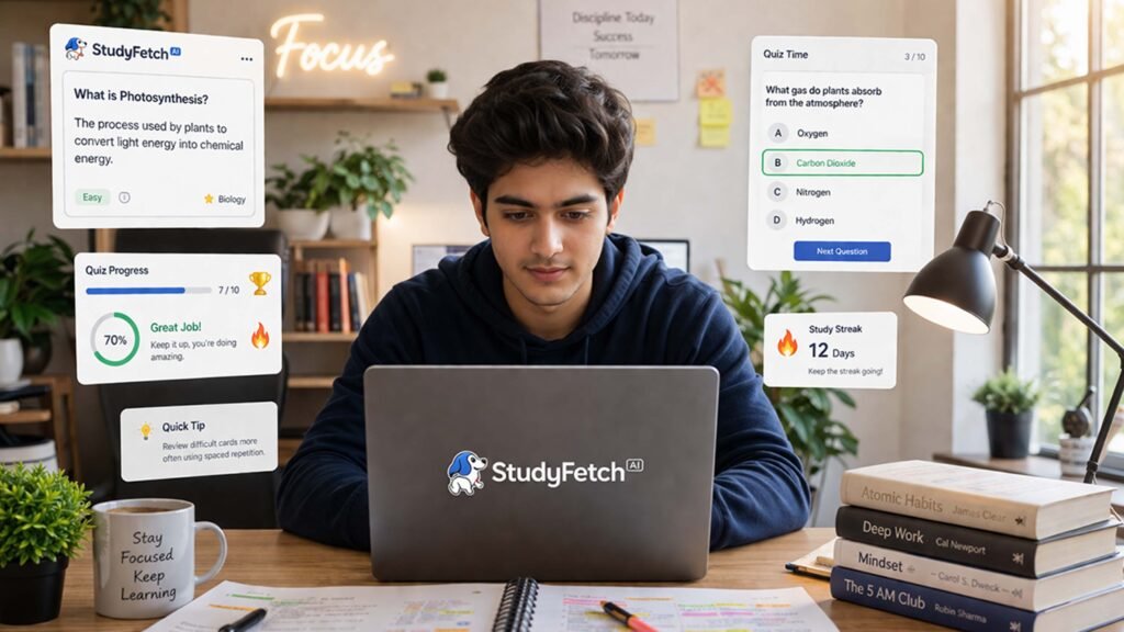StudyFetch AI student front view home desk smart flashcards learning setup
