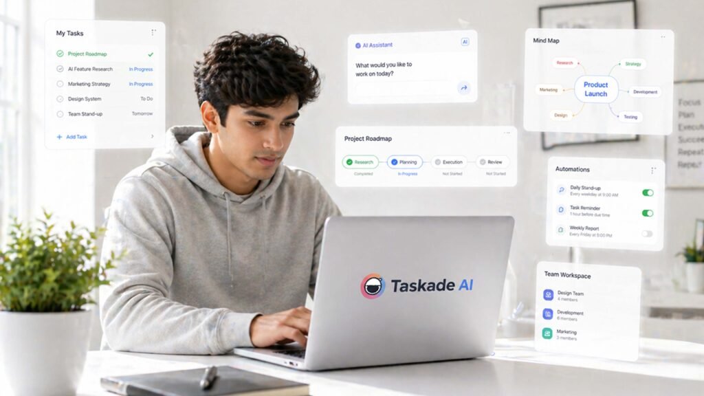 Taskade AI student front view productivity dashboard smart workspace setup