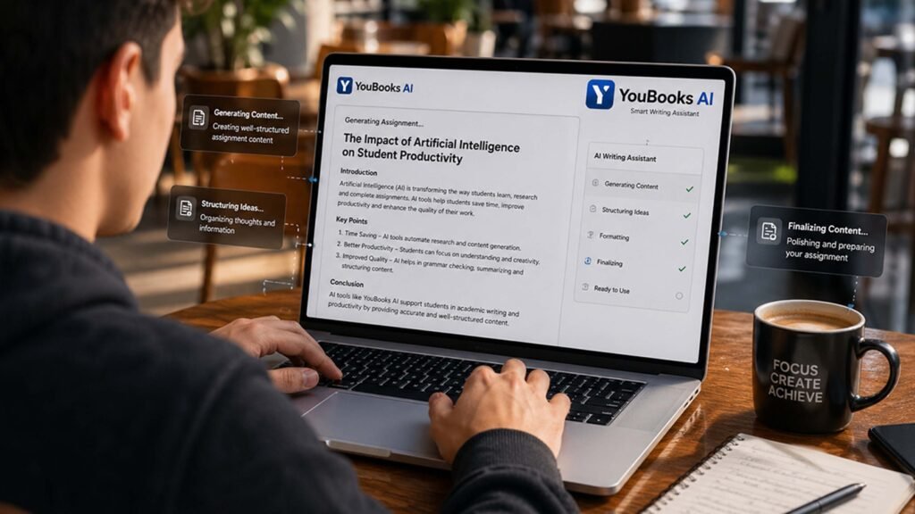 YouBooks AI student writing assignment on laptop coffee shop productivity scene