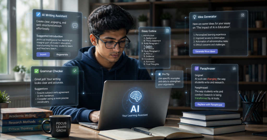 AI tools helping students improve essay writing, grammar, and learning productivity in modern study environment