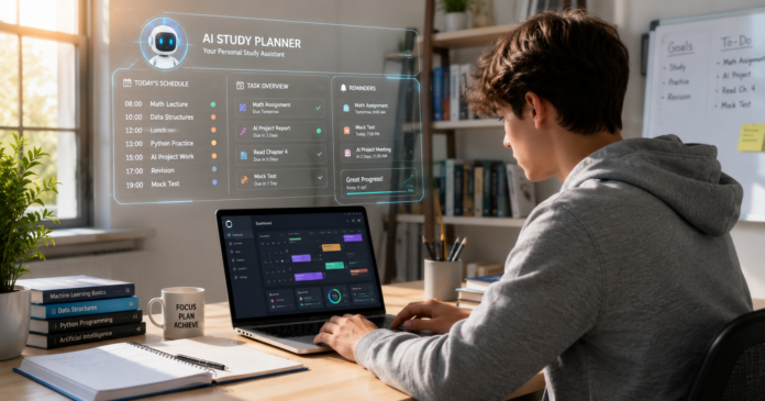 AI study planner helping student organize study schedule in bright modern workspace