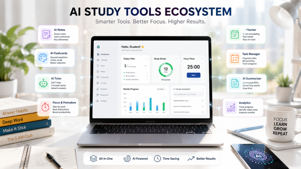 AI study planner tools ecosystem with productivity apps on laptop