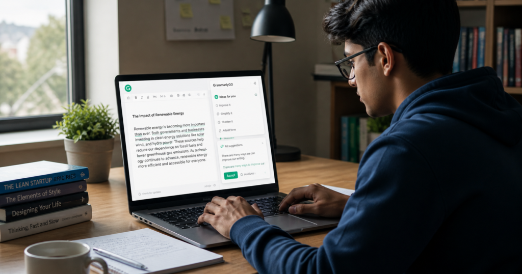 Student improving essay writing with GrammarlyGO AI suggestions showing grammar correction and sentence improvement on laptop screen