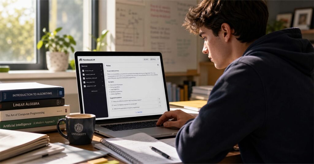 NotebookLM AI study tool generating summaries from student notes on a laptop in a college study environment