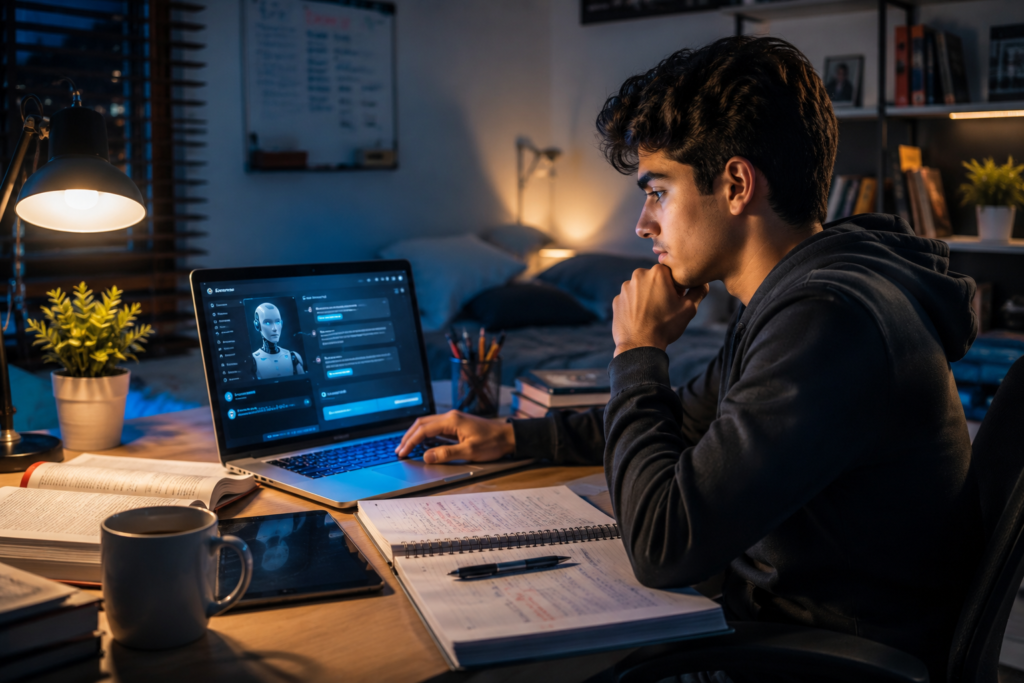 will AI replace teachers - AI tutor helping student on laptop at night