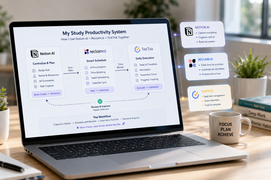 AI productivity workflow connecting multiple study planner tools