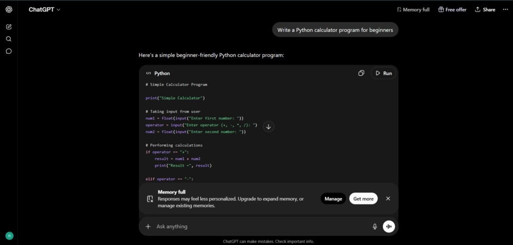 AI chatbot interface used for coding and content generation