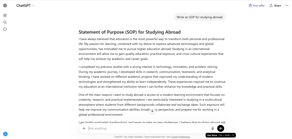ChatGPT generating SOP for studying abroad application