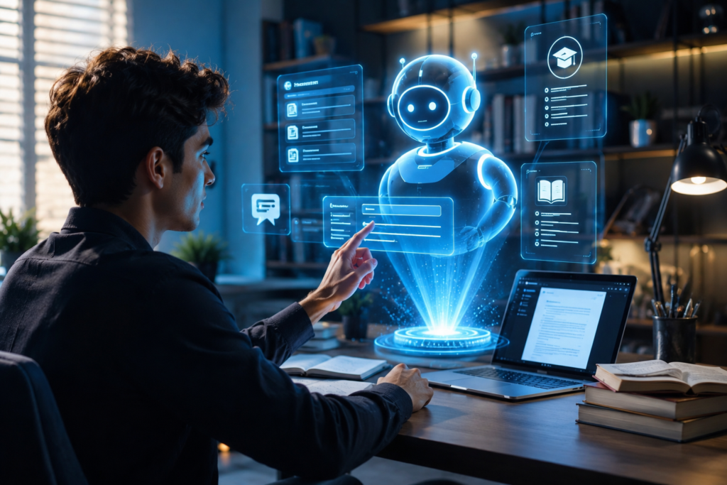 Student interacting with AI chatbot for study planning and essay writing