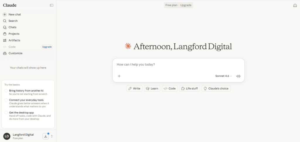 Claude AI official website interface displaying conversational AI assistant for writing and analysis tasks