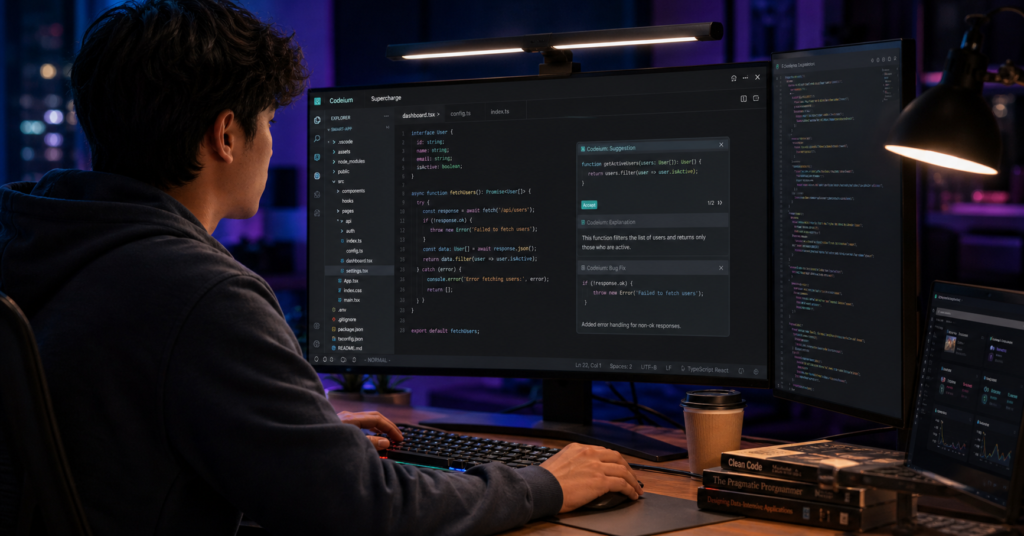 Student using Codeium AI coding assistant on laptop with real-time code suggestions and programming environment