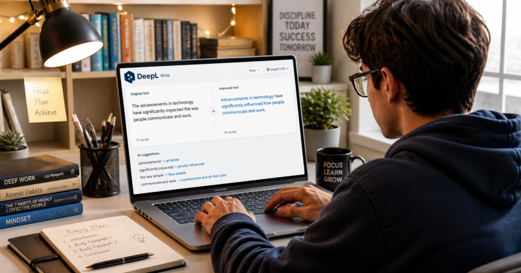 Student refining essay with DeepL Write AI showing rewritten sentences in natural academic tone on clean modern interface