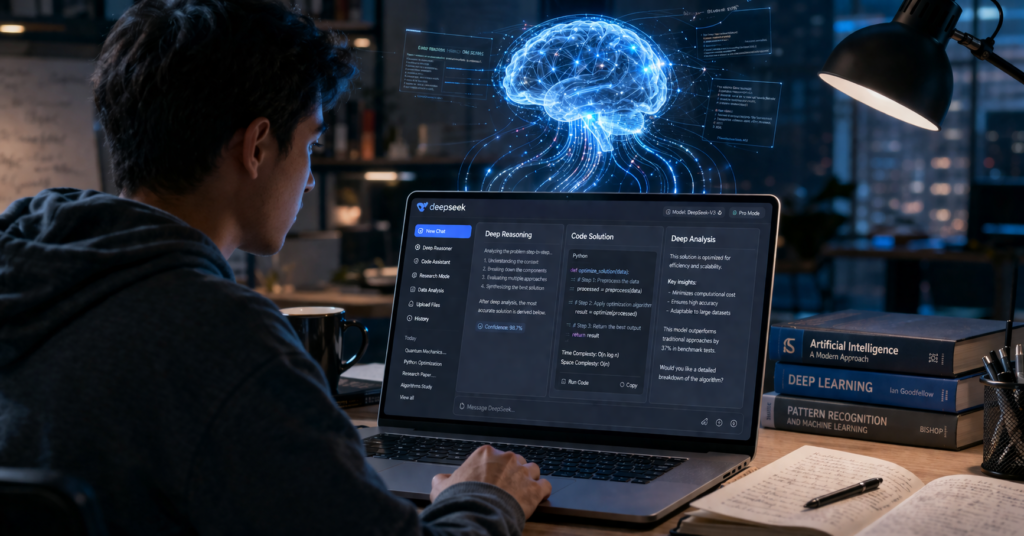 Student using DeepSeek AI for advanced academic tasks, coding, and problem-solving on laptop with AI visualization