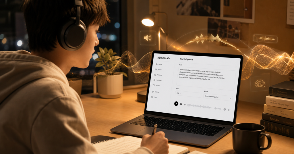 Student using ElevenLabs AI to listen to study notes through headphones with audio waveform visualization on laptop