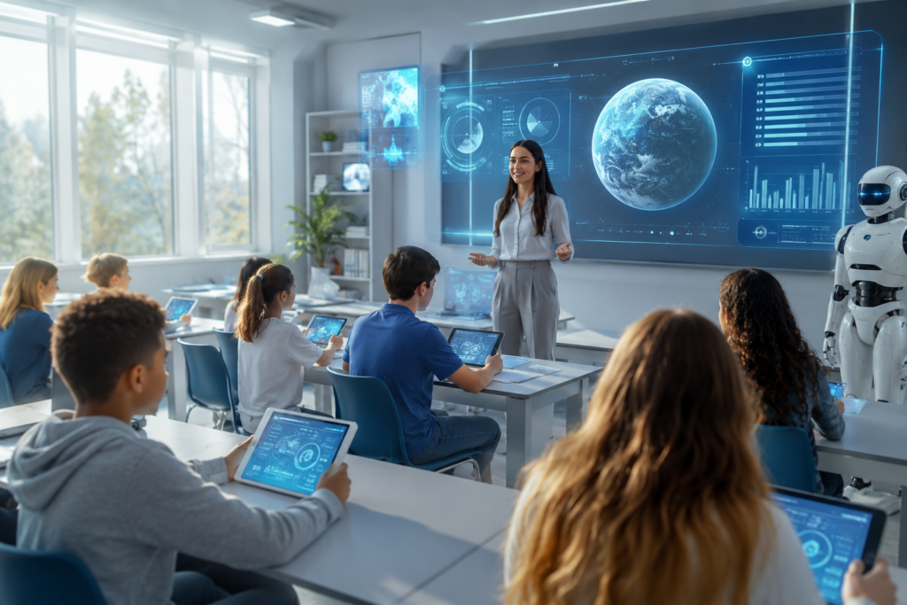 will AI replace teachers - future classroom with AI and human teacher together
