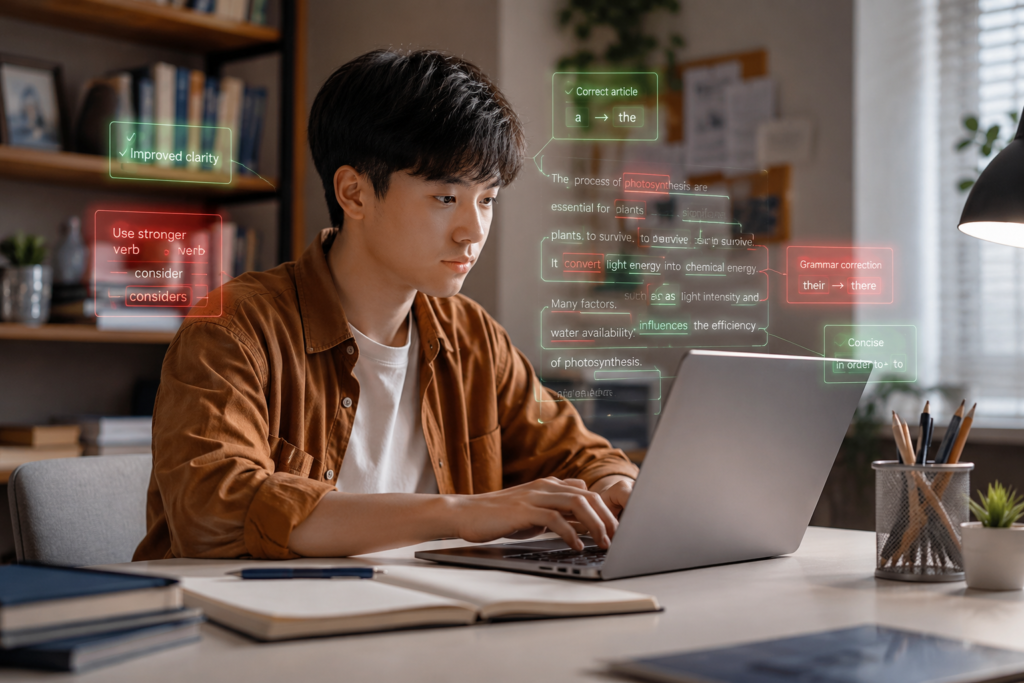 Student improving writing with AI grammar correction tool