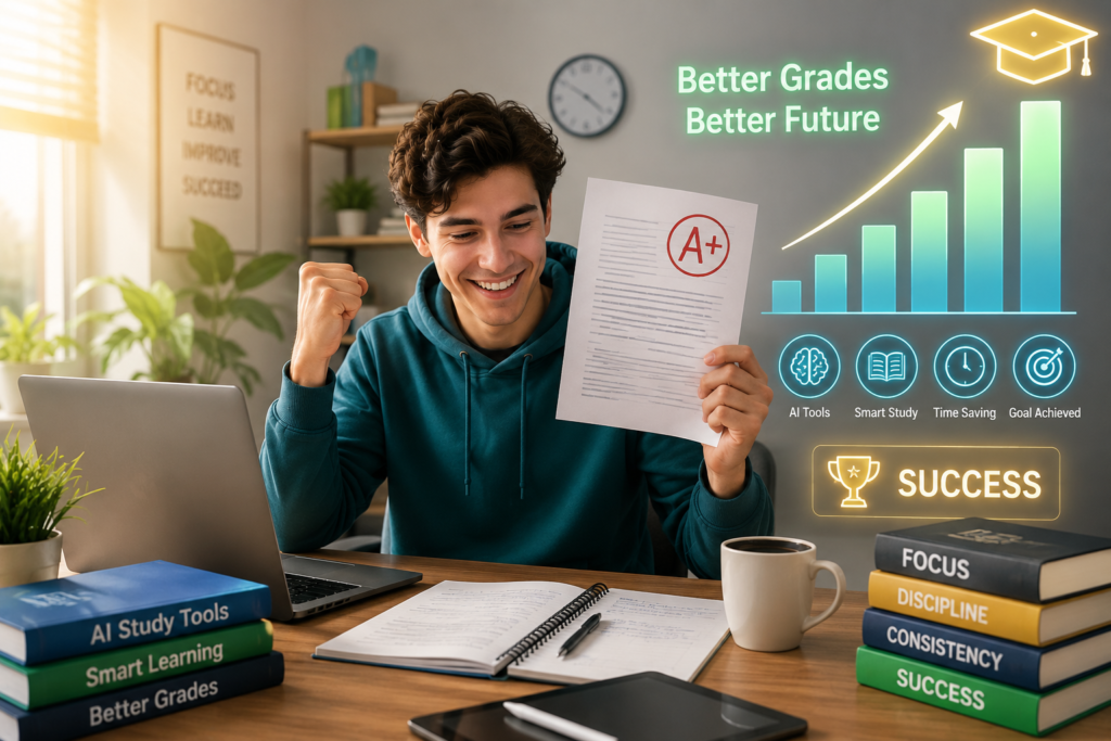 Student improving grades and achieving academic success using AI study tools
