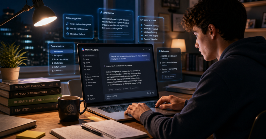 Student using Microsoft Copilot AI on laptop at night for writing and brainstorming with glowing AI assistant interface