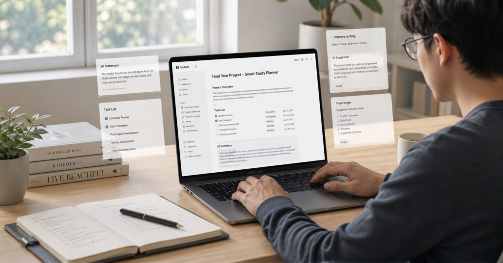 Student using Notion AI on laptop to organize notes, tasks, and summaries in a clean and minimal study workspace