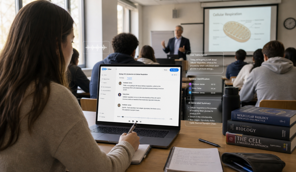 Female student using Otter AI in classroom to record lecture and convert speech into real-time text transcription on laptop