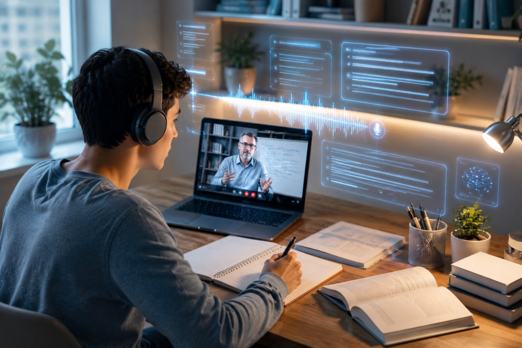 Student recording lecture notes with AI transcription tool