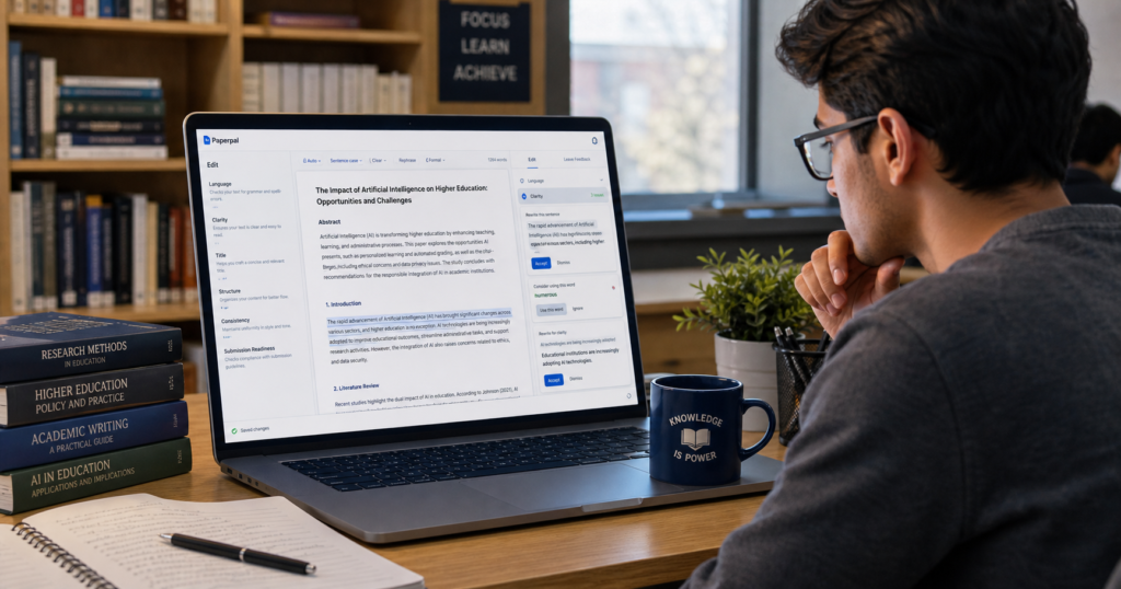 Student editing academic essay using Paperpal AI with grammar correction and formal writing improvements shown on laptop screen
