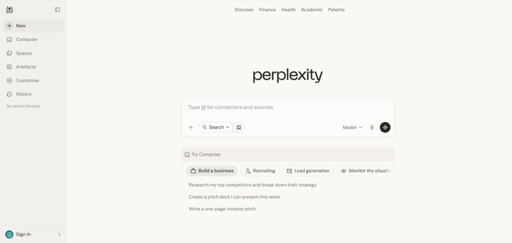 Perplexity AI website interface showing AI-powered search engine with real-time answers and sources