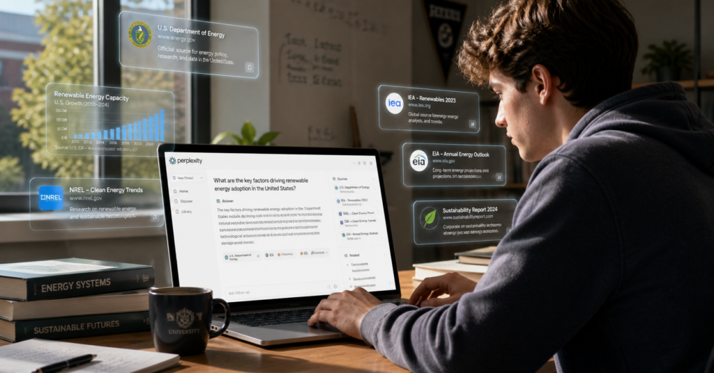Student using Perplexity AI on laptop for research with cited sources and AI-powered search results in a modern study environment