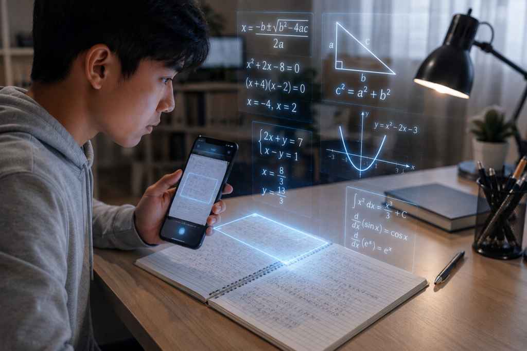 Student solving math problems using AI math scanner app