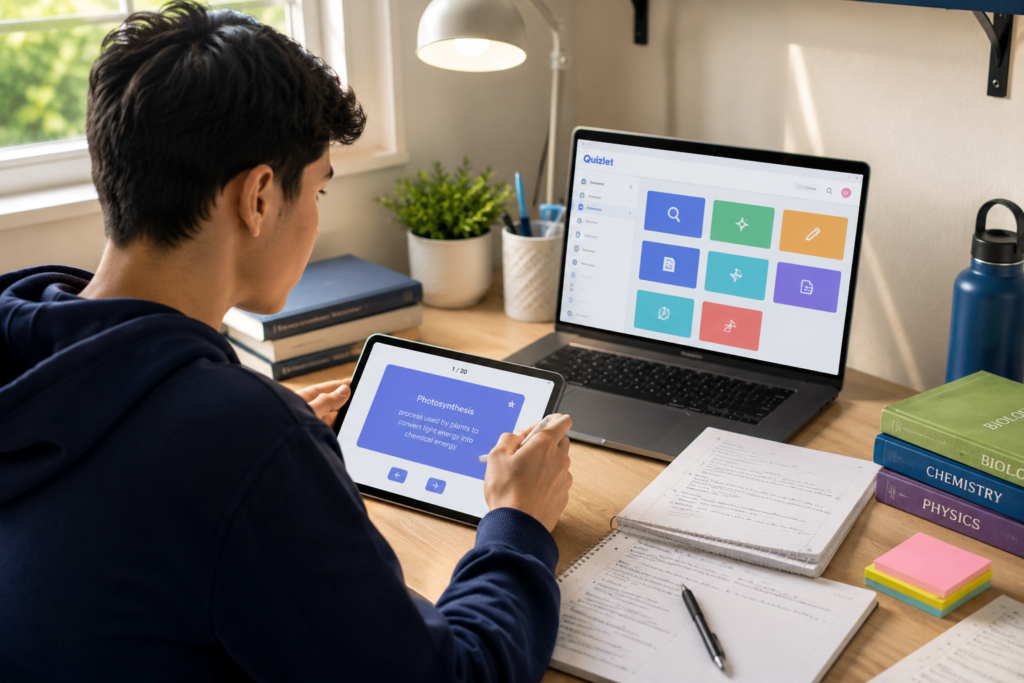 Student revising flashcards using Quizlet AI study tool