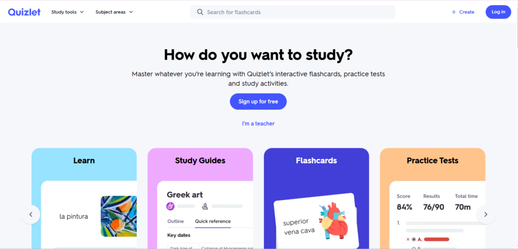 Quizlet AI learning platform interface showing AI-powered study tools and flashcards for students