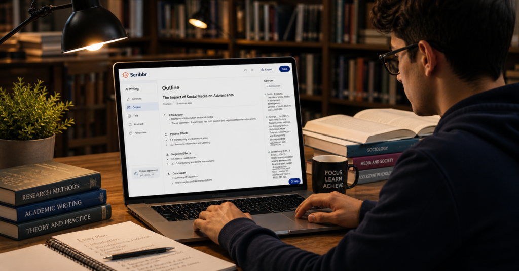 Student working on academic essay with Scribbr AI showing structured outline, citations, and research-based writing assistance on laptop