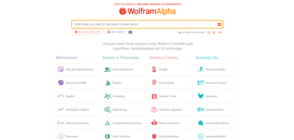 Wolfram Alpha computational knowledge engine interface showing AI-powered answers for math and data queries