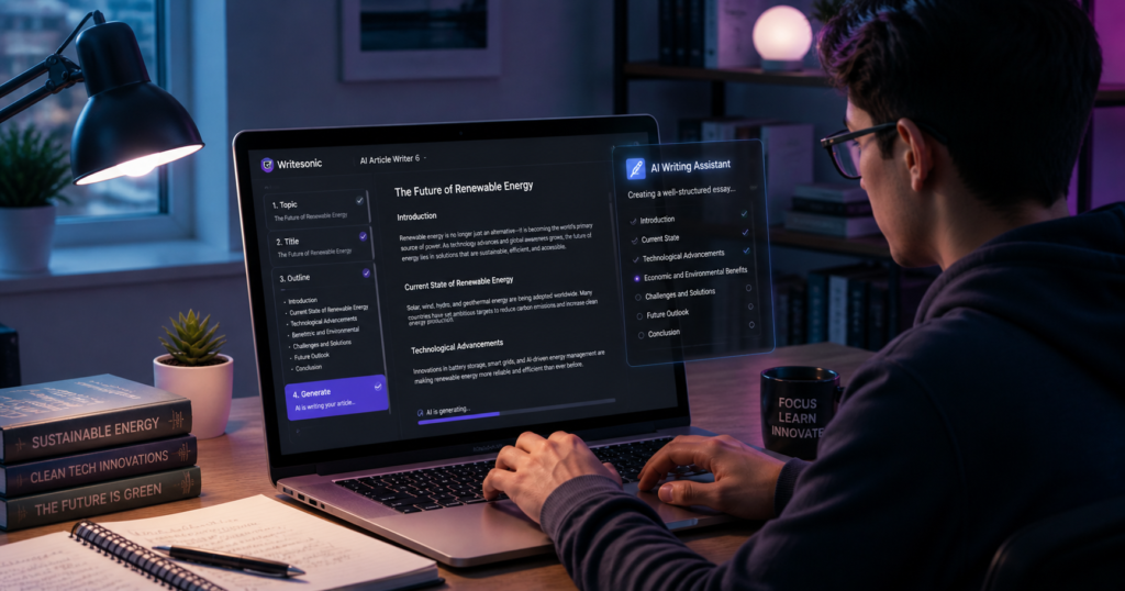 AI generating essay draft on Writesonic platform with structured paragraphs and topic-based content creation displayed on modern laptop screen